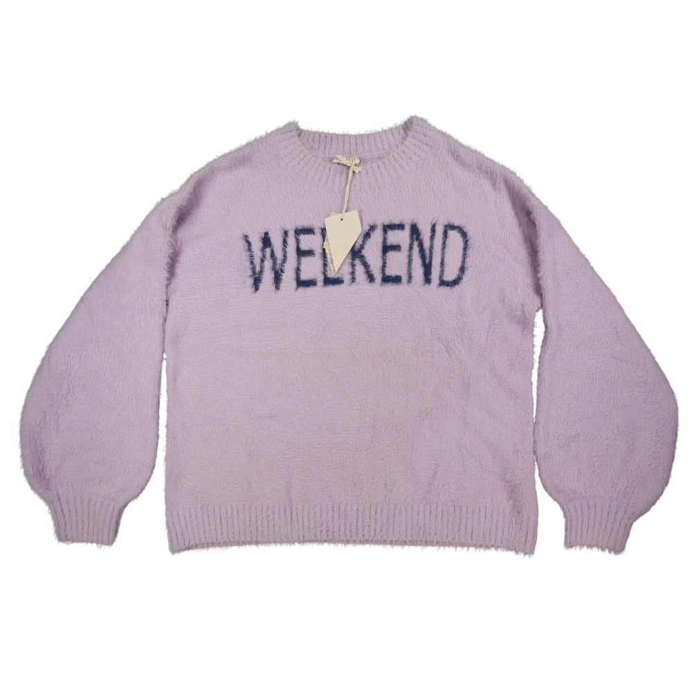 Hem & Thread Weekend Sweater Womens Large Lavender Fuzzy Eyelash Knit Graphic